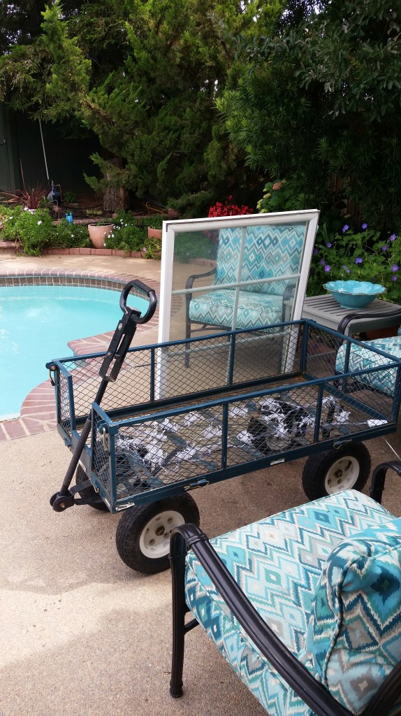 An Old Window and an unused grden cart. 